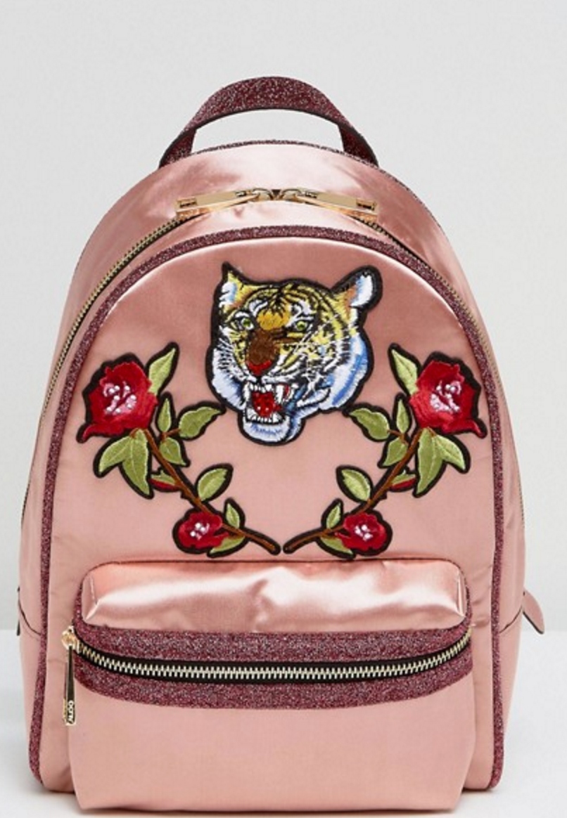 Asos ALDO Grawn Satin Backpack with Tiger & Rose Patches