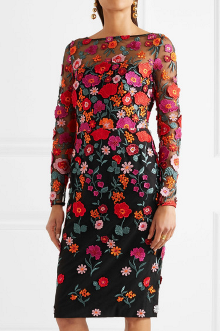 Lela Rose Appliquéd Embroidered Tulle Dress