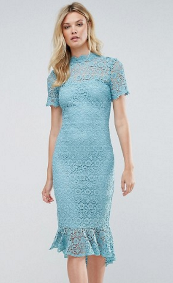 Asos Paper Dolls Tall All Over Lace High Neck Pencil Dress With Frill Hem