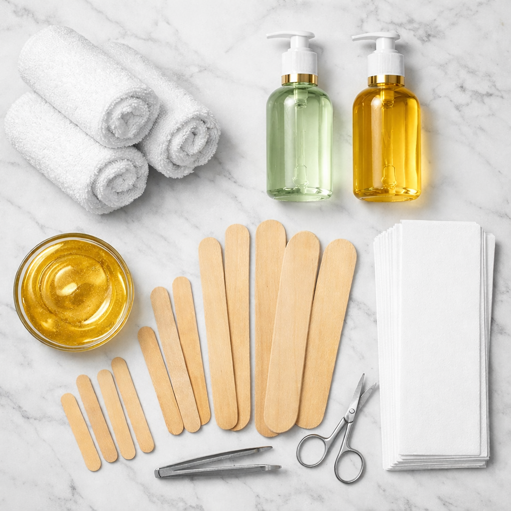 Spa or manicure set arranged on a marble surface, including rolled white towels, bottles of lotion or soap, a small bowl of oil, wooden spatulas of various sizes, a pair of scissors, and a stack of white towels.