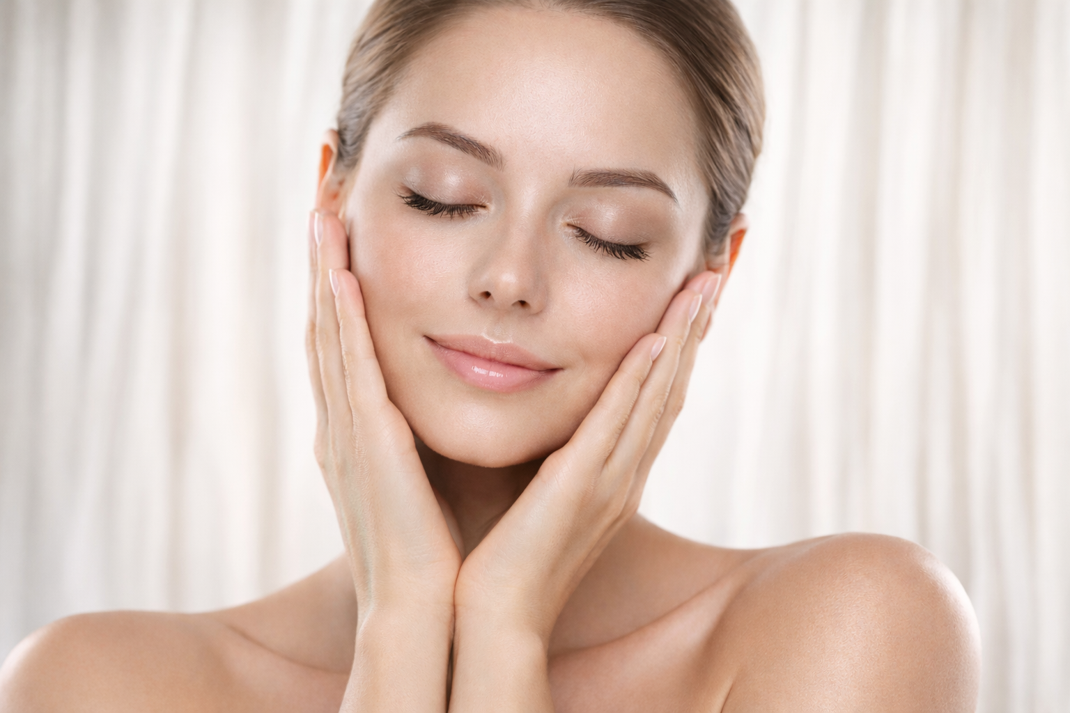 Close-up of a woman with clear skin and closed eyes, gently touching her face with both hands, smiling softly, in front of a neutral background.