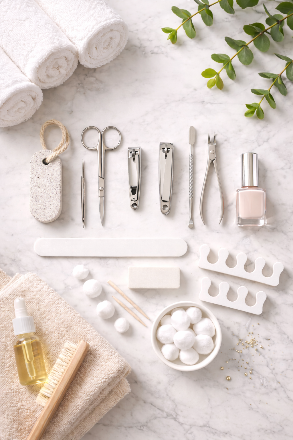 Nail care and beauty items arranged on a white marble surface, including white towels, a plant branch, nail tools, a bottle of lotion, cotton balls, a nail file, a sponge, a brush, and nail polish.