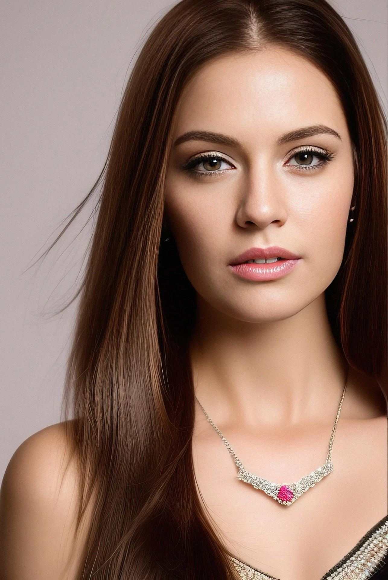 A young woman with long brown hair, light makeup