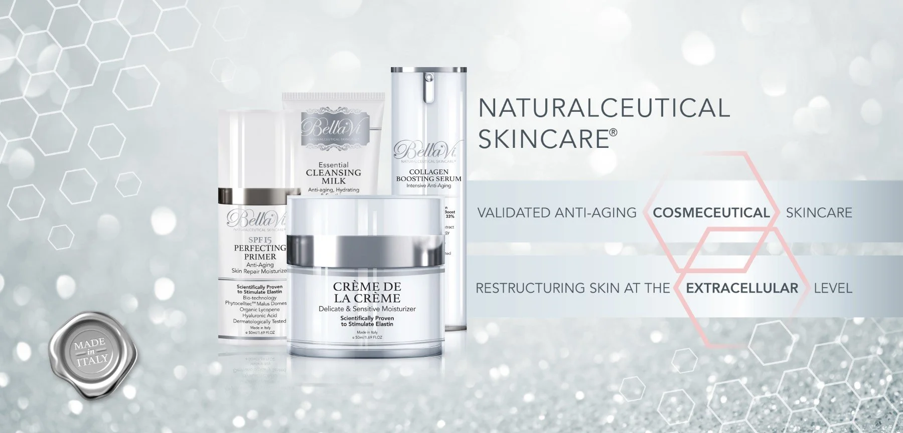 Arrangement of Bella V natural skincare products, including a moisturizer, serum, primer, and cleansing milk against a light, sparkling background with hexagonal patterns and a 'Made in Italy' seal.