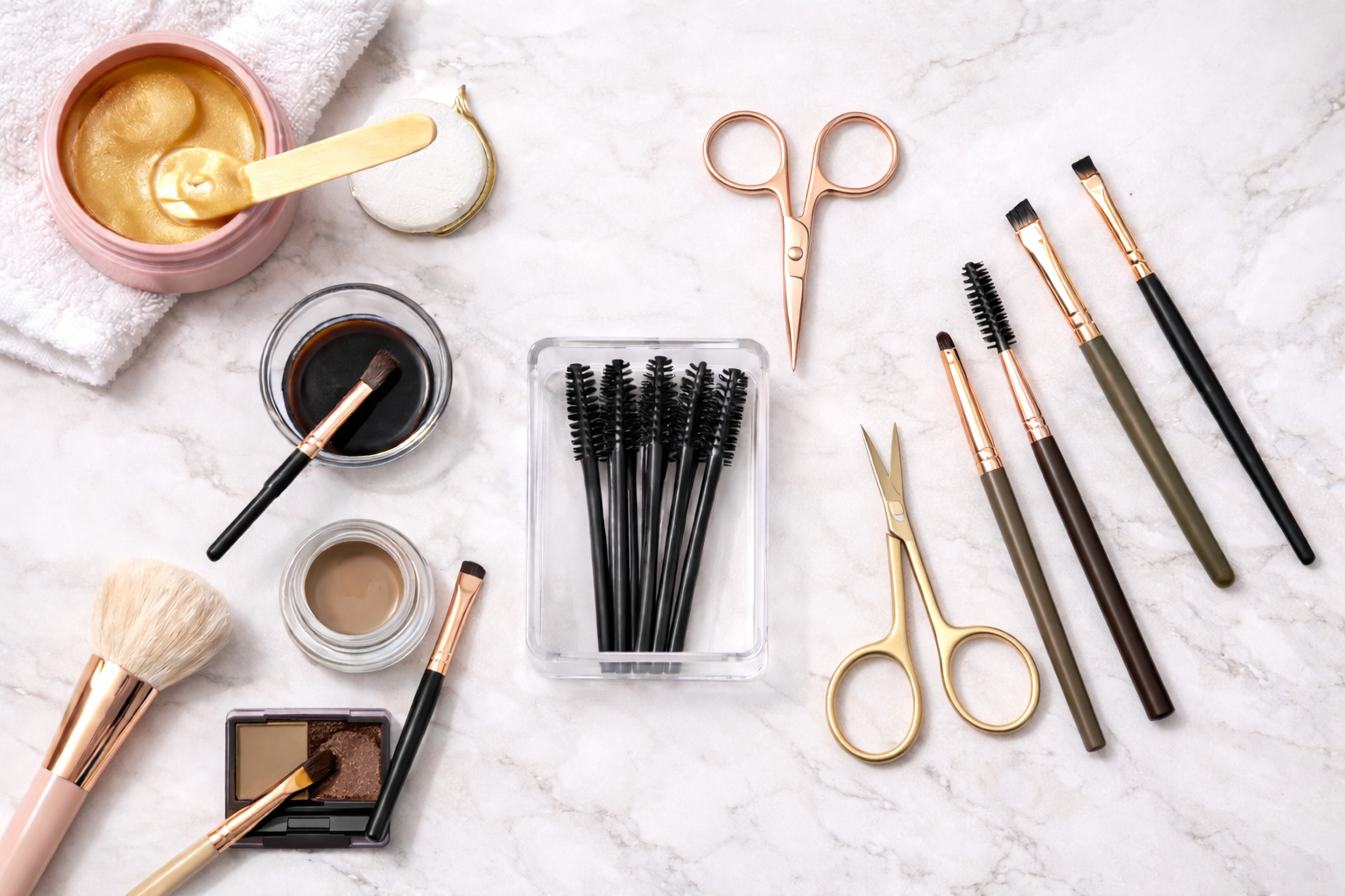 Makeup and beauty tools including brushes, scissors, eyelash curlers, cotton pads, a jar of cream, liquid foundation, eyebrow duo, and black eyelash brushes arranged on a marble surface.
