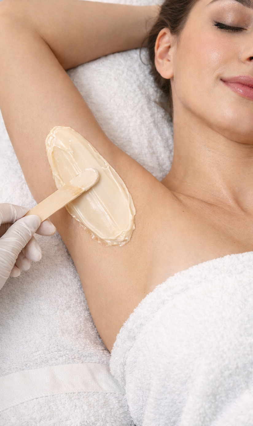 A woman receiving a waxing treatment on her underarm in a spa setting, with a technician applying wax using a wooden spatula.