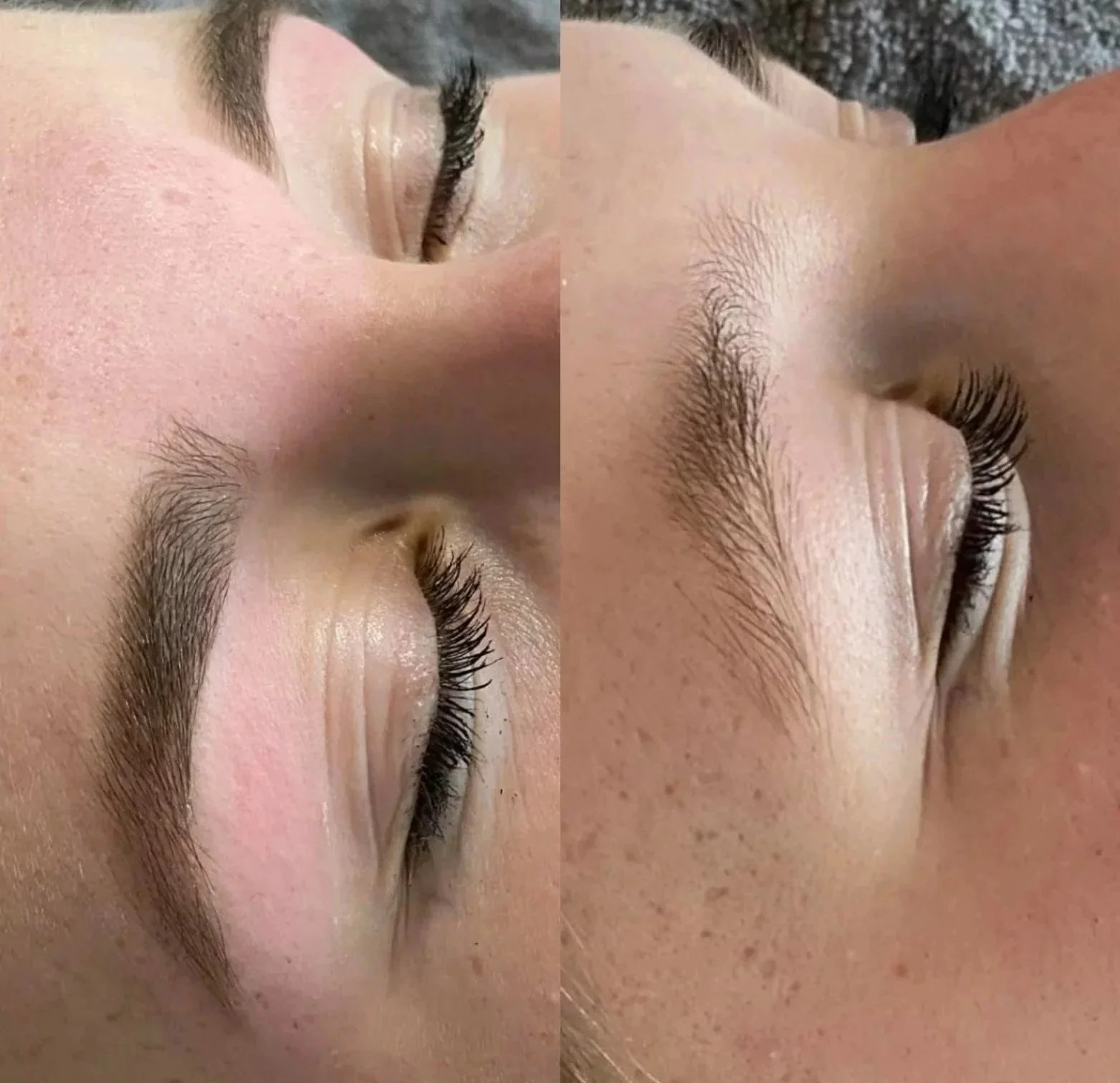 Close-up of a person's closed eye, showing well-groomed eyebrows, long eyelashes, and smooth skin, with a side view of the eyelid and eyebrow.