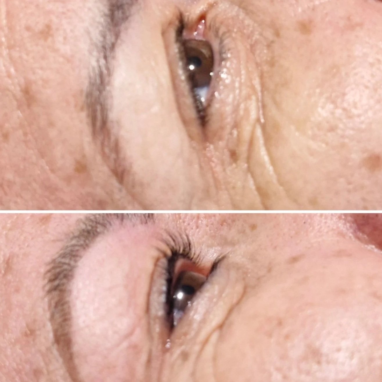 Close-up comparison of a person's eye area before and after eyelash enhancement, showing smoother skin and longer, deeper and lifted eyelashes in the after image.