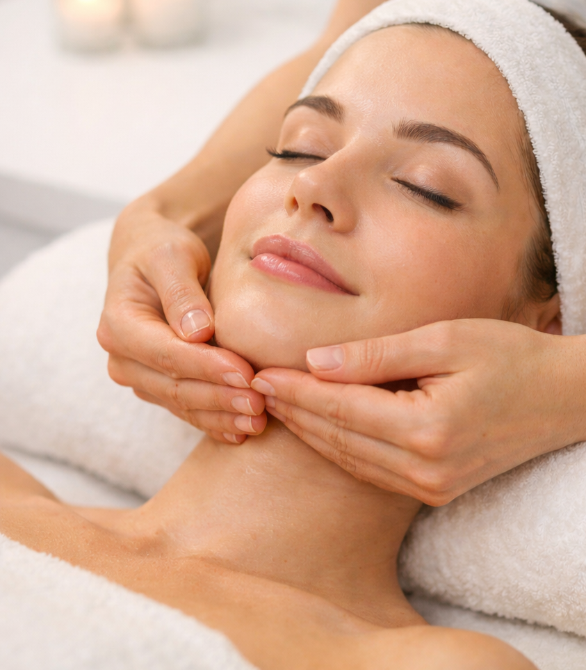 A woman receiving a facial treatment at a spa, lying with her eyes closed and a towel wrapped around her head.