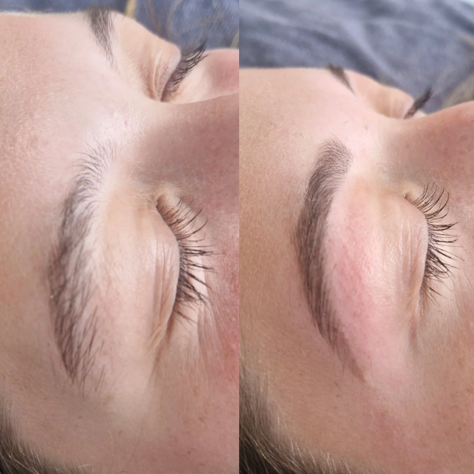 Close-up of a person's face with a comparison of eyebrows before and after eyebrow grooming or shaping. The left side shows natural, unshaped eyebrows, while the right side displays well-defined, groomed eyebrows.