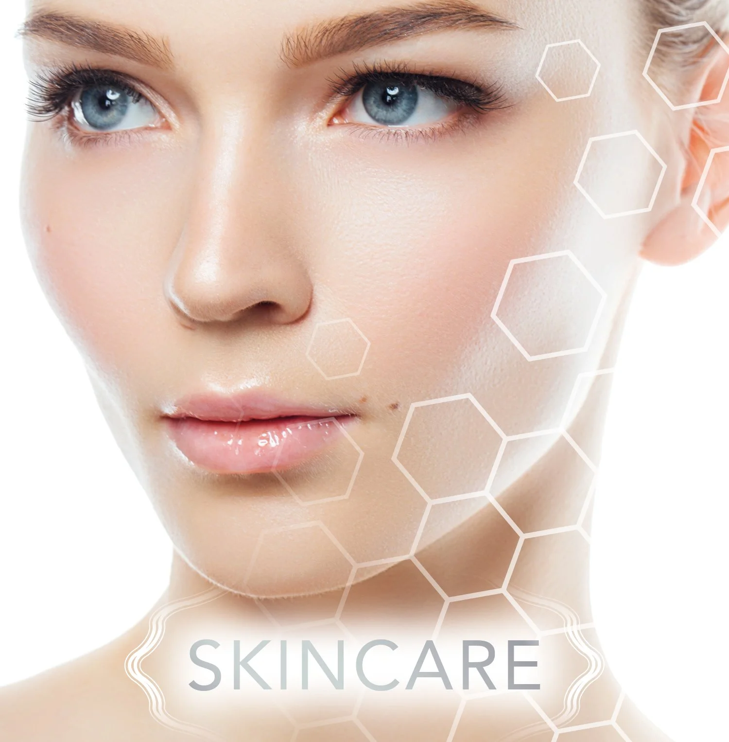 A close-up of a woman's face with flawless skin, blue eyes, and light makeup, featuring hexagonal graphic overlays and the word 'SKINCARE' at the bottom.
