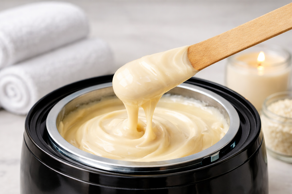A wax pot filled with melted Brazilian wax, with a wooden spatula stirring it. In the background, a lit candle, rolled white towels, and small bowls with ingredients are visible.