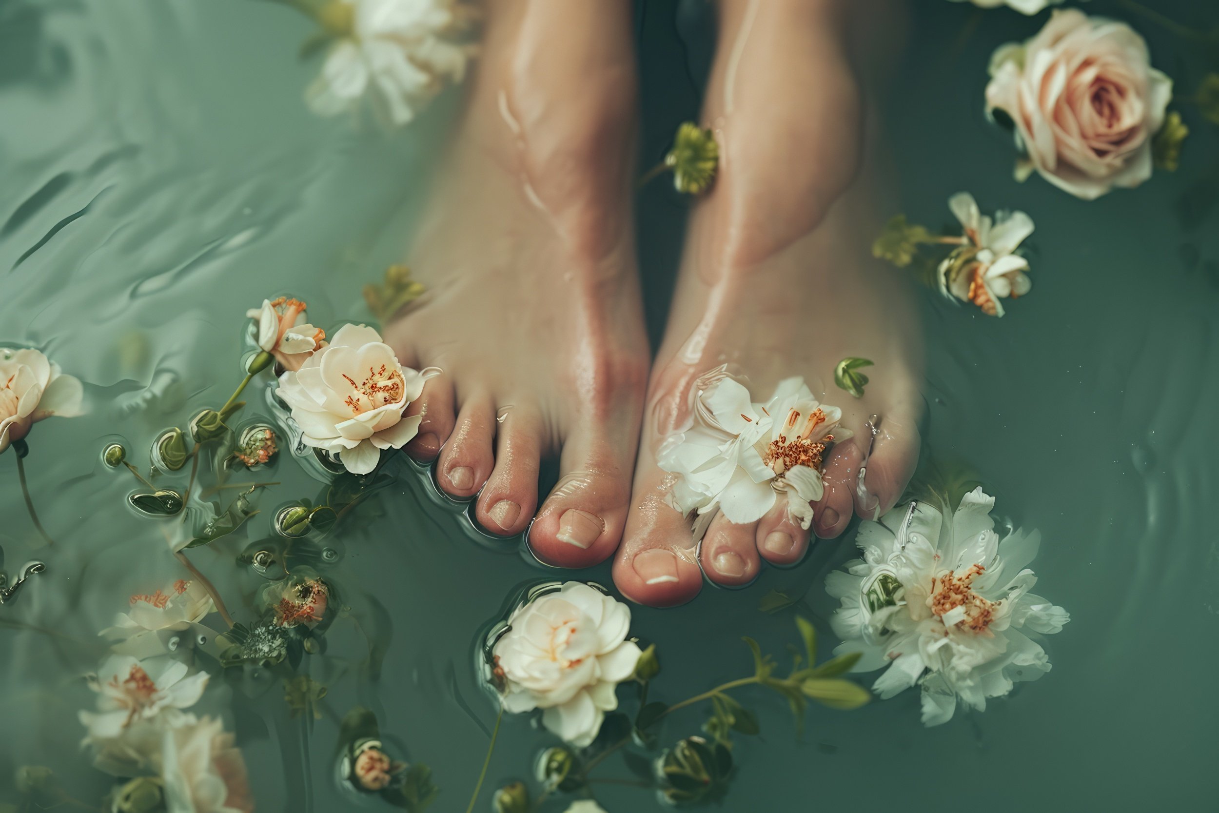 Feet submerged in water with floating white flowers and green leaves.