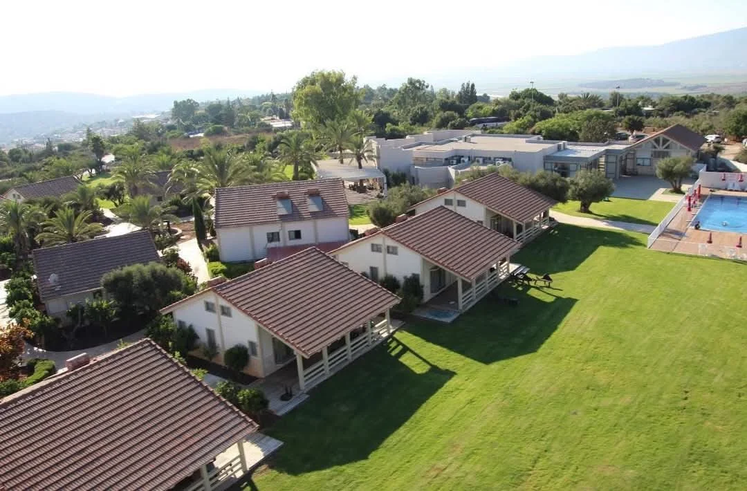 Aerial view of a residential community with several houses, a swimming pool, green lawns, palm trees, and distant hills.