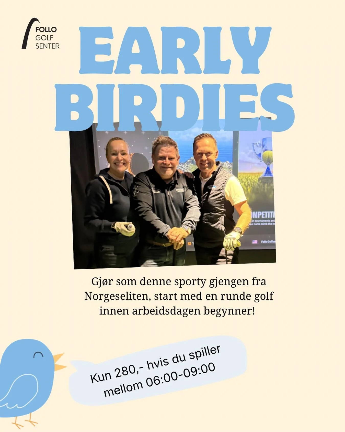 🐤 Vi har god pris til deg som er en early birdy! Kun 280,- n&aring;r du spiller mellom 06:00 og 09:00! 🐤
Er du mer et B-menneske kan du komme og spille mellom 22:00 og 00:00 og f&aring; det samme gode tilbudet! 🦡
P&aring;melding via lenke i bio ⛳️