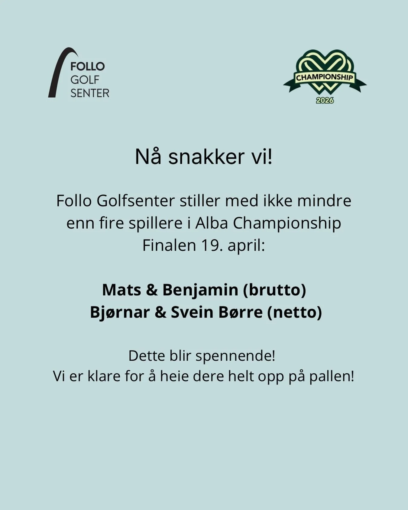 Vi er skikkelig stolte! Vi sender hele fire spillere til Alba Championship finalen som holdes hos @oslogolflounge den 19.april 🔥 I brutto-klassen stiller Mats og Benjamin, mens i netto-klassen stiller Bj&oslash;rnar og Svein B&oslash;rre ⛳️ vi komme