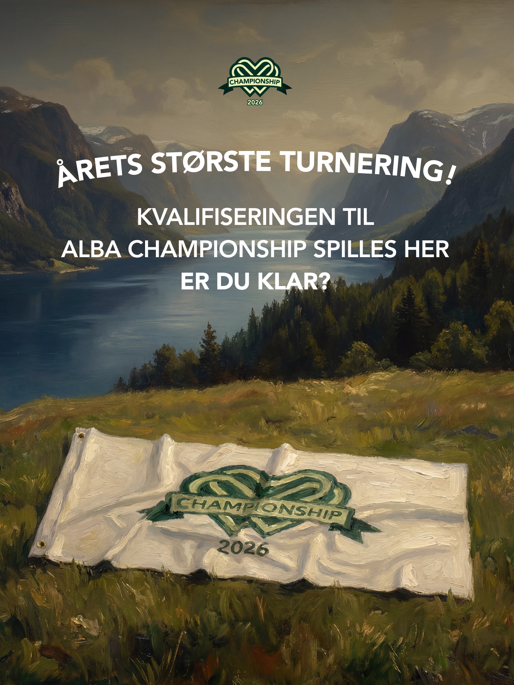 Tekst: årets største turnering, kvalifisering til Alba Championship. Illustrasjon av fjell, innsjø og trær, med et flagg i forkant