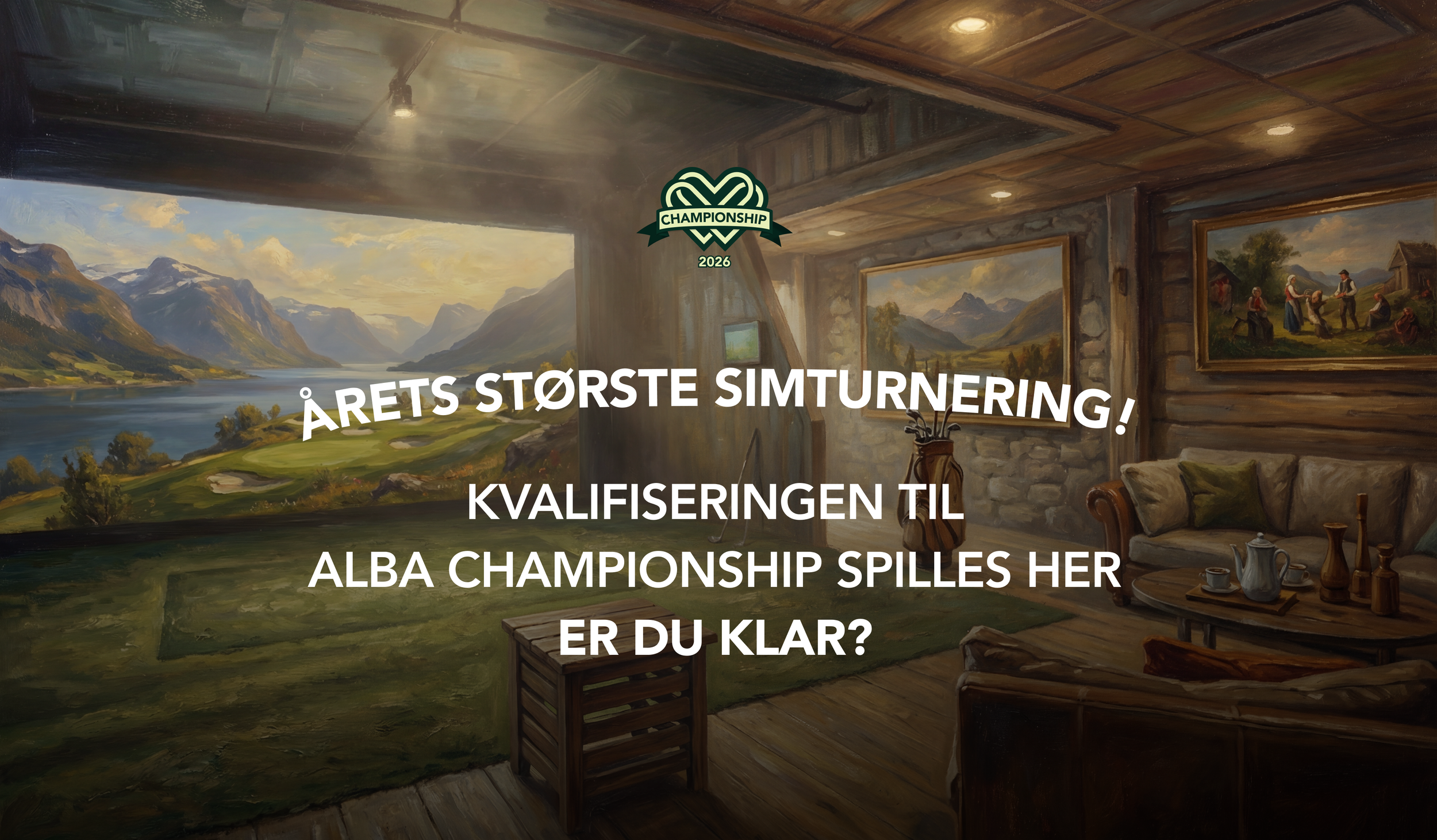 Tekst: Årets største turnering, illustrasjon av et innedørs, hytteaktig simulatorrom
