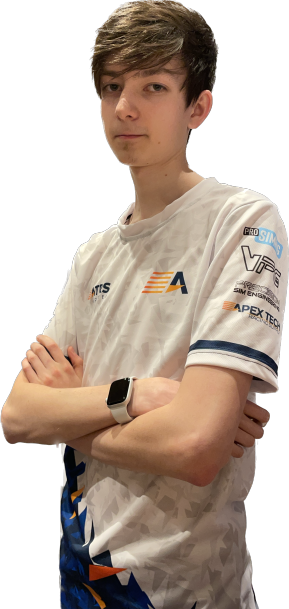 A person wearing a white esports jersey with sponsor logos, standing with arms crossed.