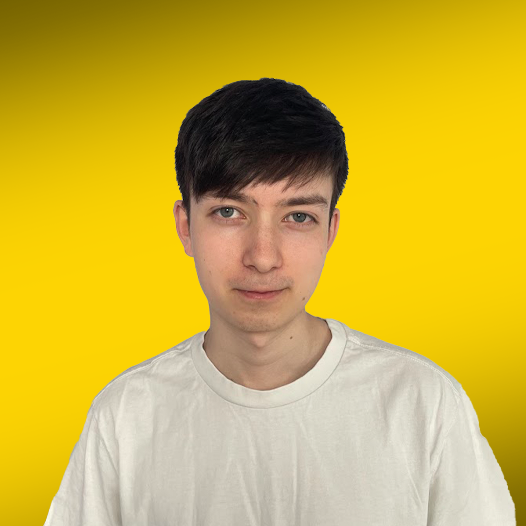 Person in a white sports jersey with logo standing against a yellow gradient background.