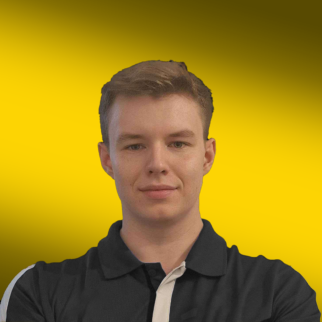 Person in black shirt with a yellow background