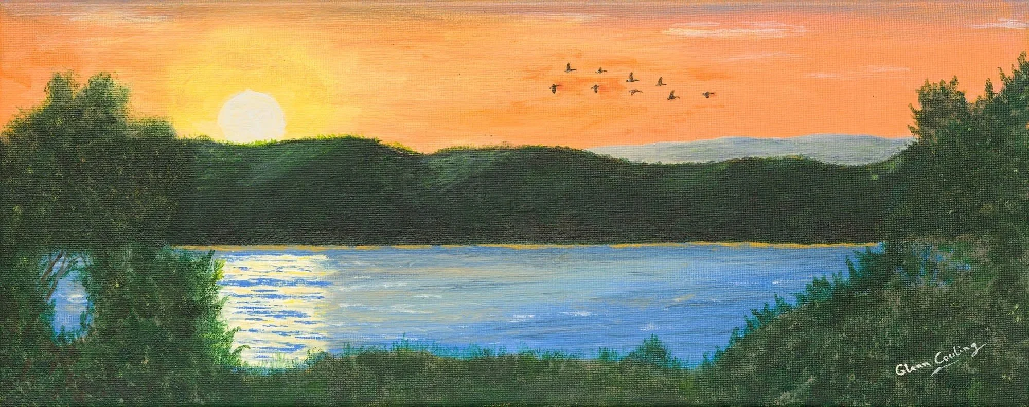 'Arne Sunset'.  Acrylic on framed canvas. 
20ins x 8ins  (51cms x 20cms). £155.00. This painting was inspired by the BBC TV Springwatch series, which featured this very same view.  