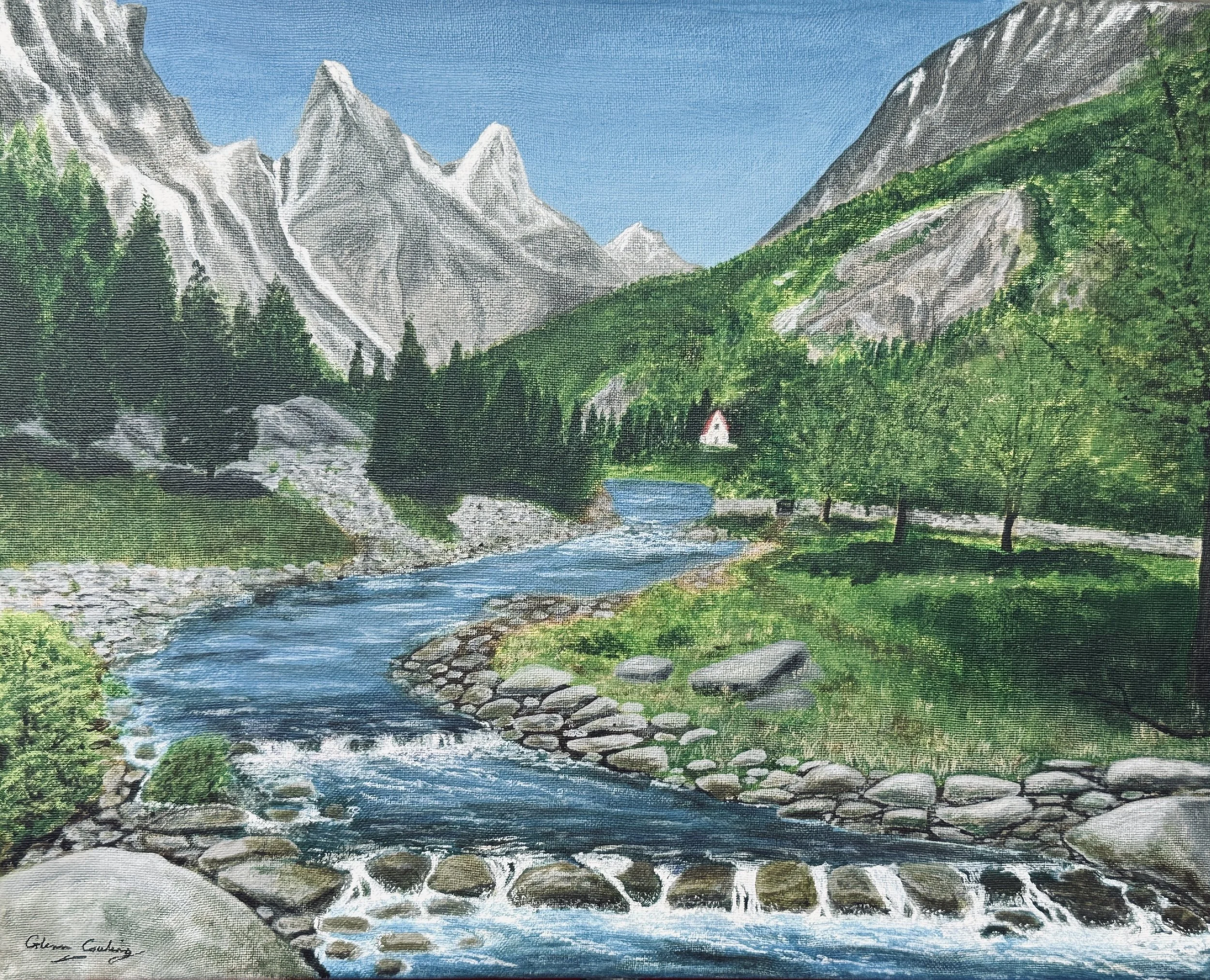 'Glacial Waters' An acrylic painting on stretched canvas. 20ins x 16ins (51cms x 41cms) £185 This was painted from a photo taken during a ski trip to the Alps.