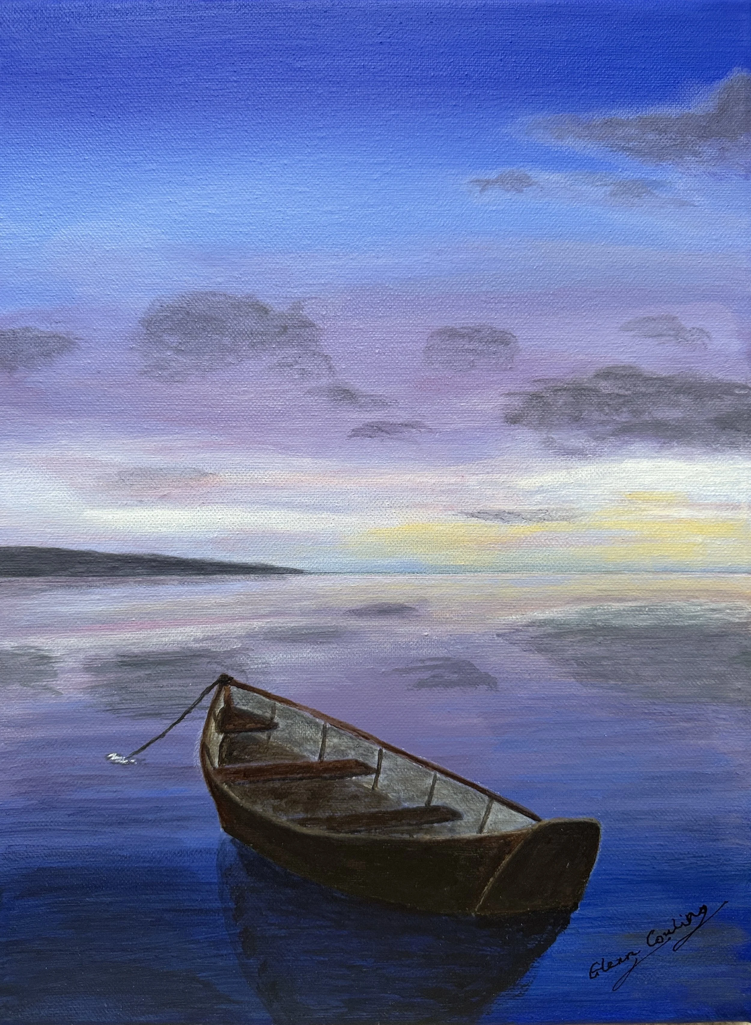 A painting of a boat floating on calm water during sunset, with a colorful sky of blue, purple, pink, and yellow clouds.