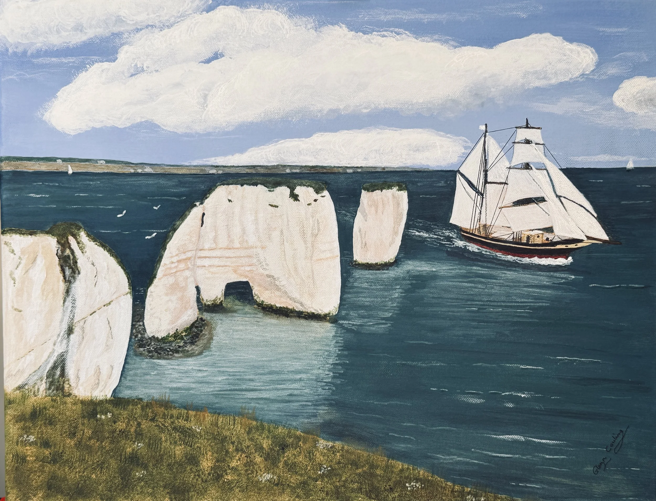                                                                                                                                                 'Old Harry Rocks and Ship, Dorset'.  
Acrylic on stretched canvas. 18ins x 14ins. (46cms x 36cms) £180
I l