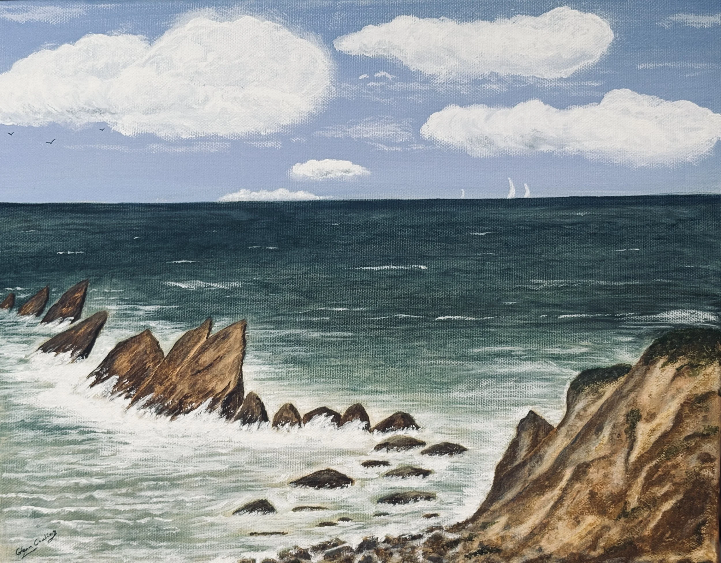 'The Rocks at Pevril Point ,Dorset'. Acrylic on stretched canvas. 20ins x 16ins. (51cms 41cms) £185
My favourite location for watching the tidal race in Swanage, Dorset, beneath the Coastguard Station.