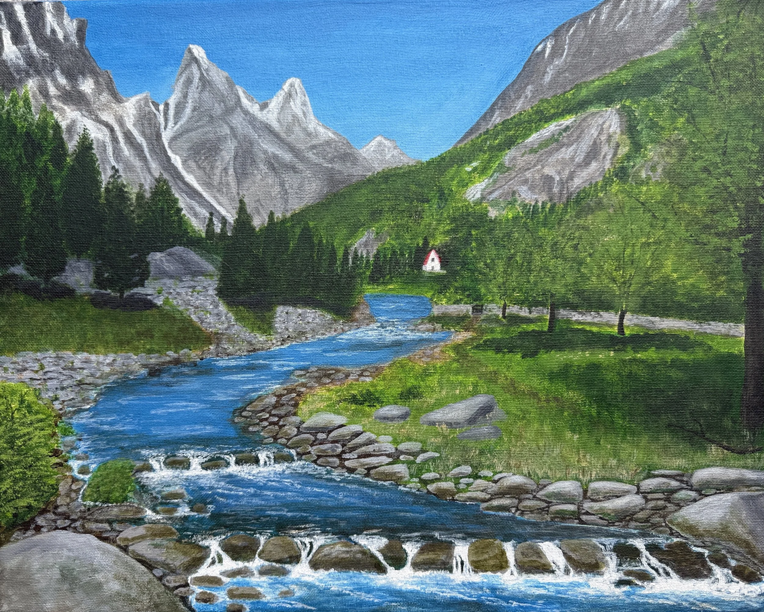 'Glacial Waters' Acrylic on stretched canvas
18ins X 20ins
Many years ago I would regularly go skiing in the beautiful Alps. This painting was from a photograph taken on such a trip.