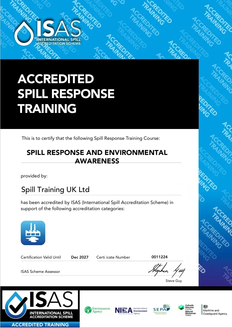 Spill Training UK accreditation certificate from International Spill Accreditation Scheme