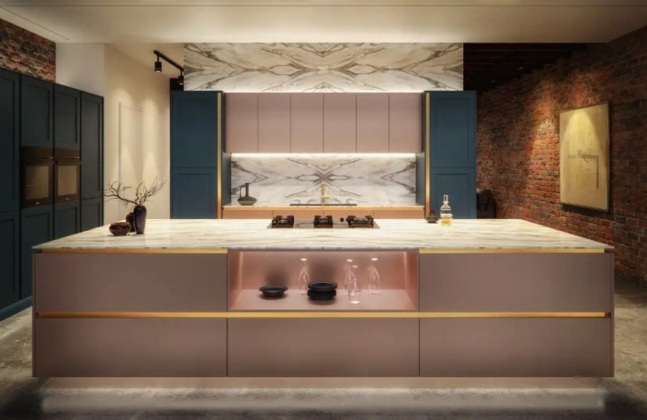 Bespoke luxury kitchen with marble island, handcrafted cabinetry and premium finishes designed for modern living.
