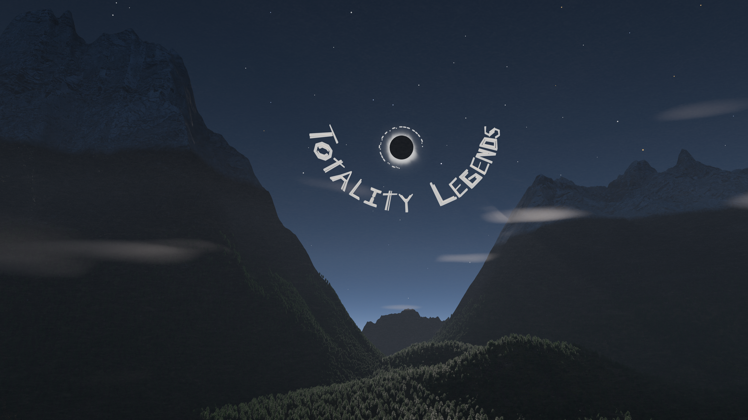 Nighttime view of mountains with a logo in the sky reading 'Totality of True Legends' and a black moon at the center.