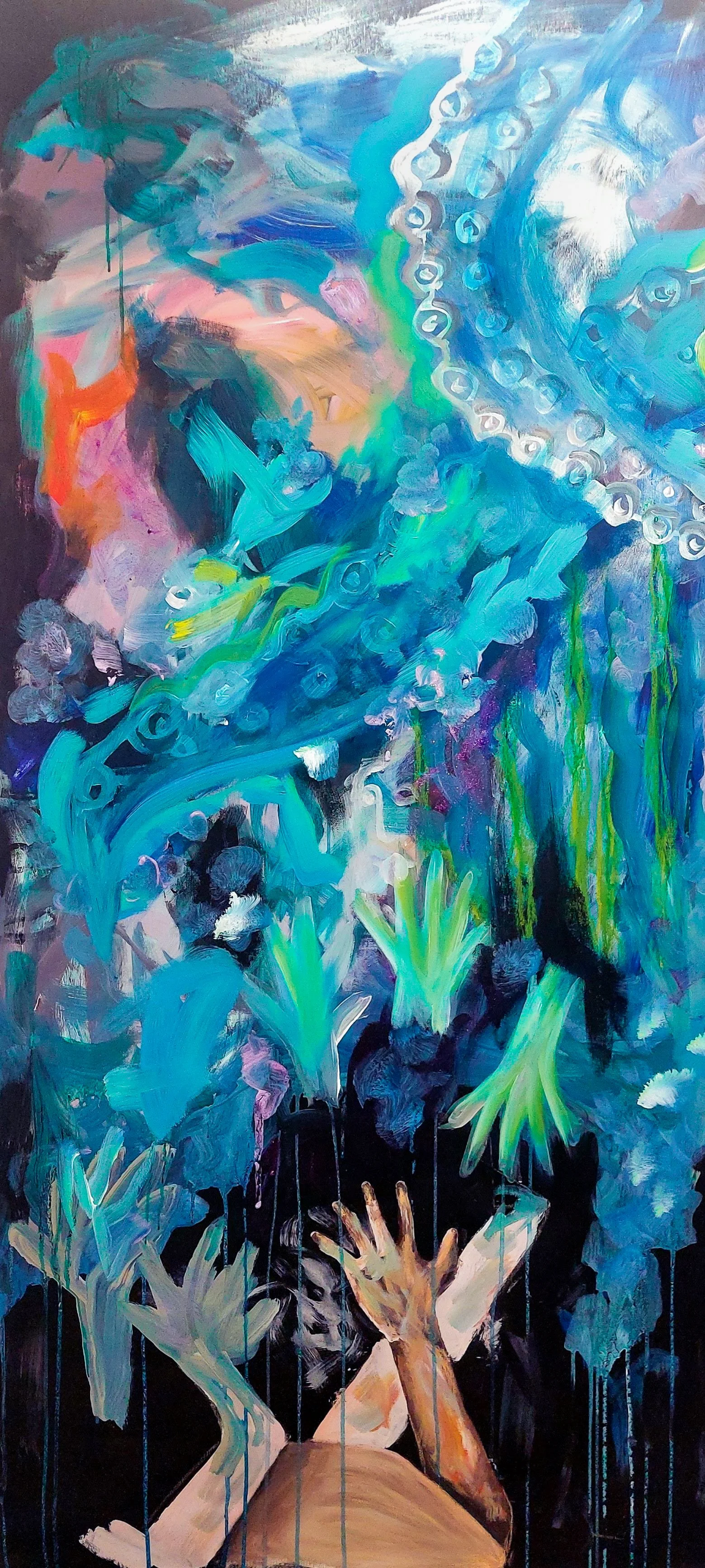 'Mermaids Victims' 2022. Mixed media on canvas. 50cm x 2m