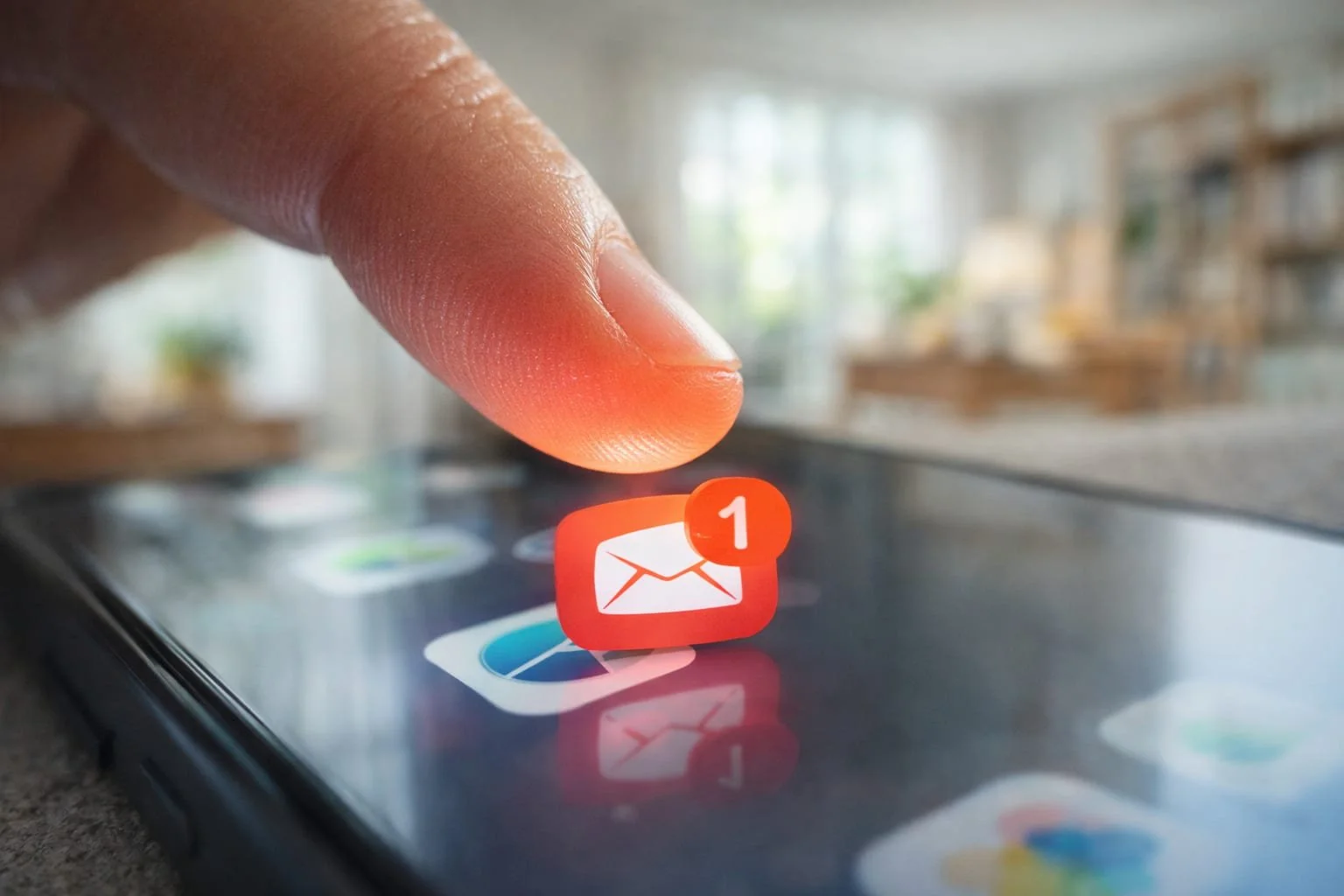 Primer plano de un dedo a punto de tocar un icono luminoso de notificación roja en la pantalla de un teléfono móvil.