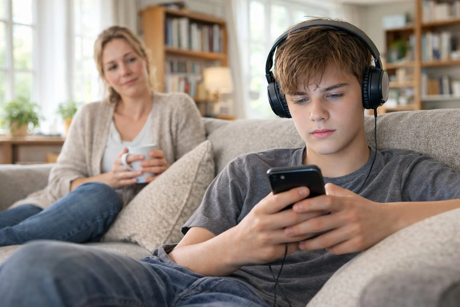 "Primer plano de un chico joven sentado en un sofá usando su teléfono móvil con auriculares puestos, mientras una mujer en segundo plano lo observa en silencio sosteniendo una taza.