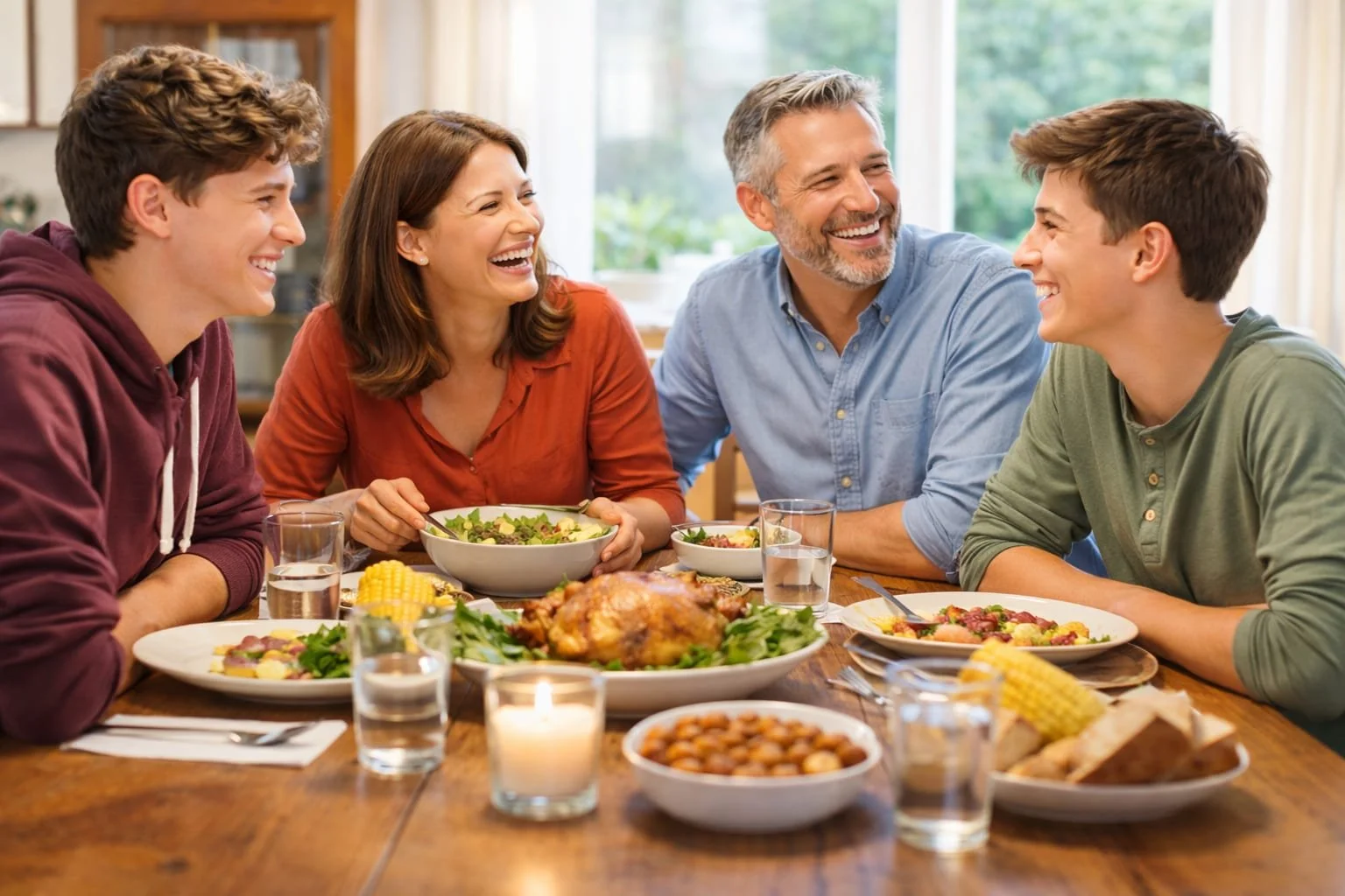 Una familia de cinco personas riendo y compartiendo una comida en la mesa, con platos de ensalada, pollo y maíz, en un ambiente familiar y alegre.