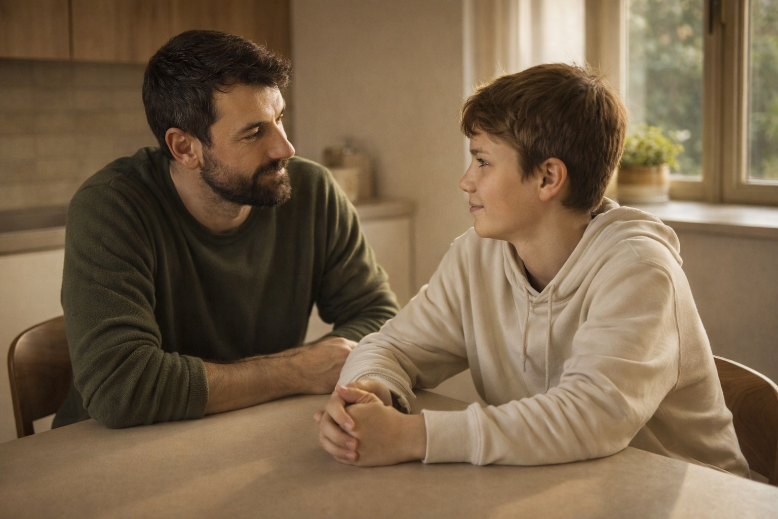 Padre e hijo adolescente conversando en la cocina sin móviles