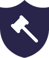 Purple shield with a gavel inside.