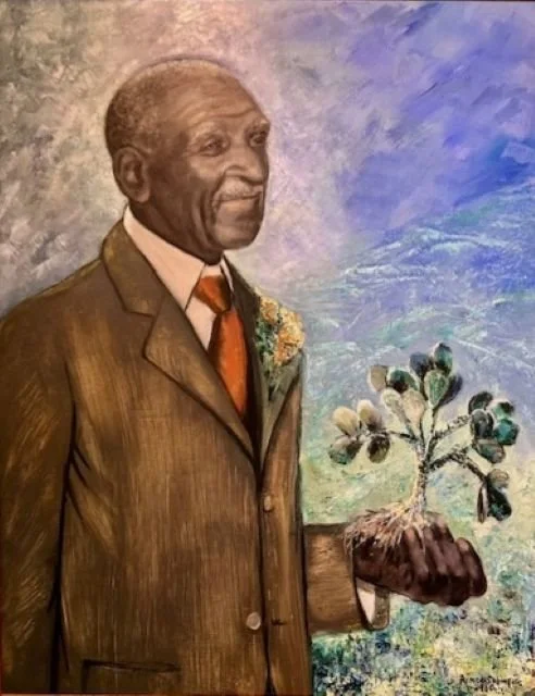 Painting of George Washington Carver holding a peanut plant, symbolizing agricultural innovation and sustainability, featured in an electric vehicle road trip blog highlighting historical figures.