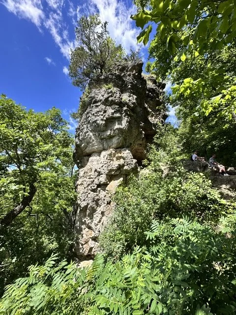 Chimney Rock pinnacle rises above the forest canopy at Whitewater State Park, surrounded by lush green trees beneath a bright blue sky dotted with white clouds.