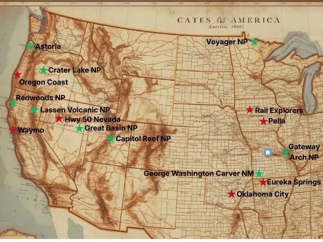 Vintage 1881 United States map with stars marking electric vehicle road trip destinations visited in 2025, blending historic cartography with modern sustainable travel.