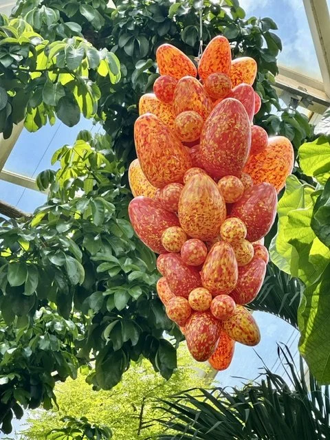 Decorative glass sculpture hanging above tropical foliage inside the Bolz Conservatory at Olbrich Botanical Gardens in Madison, Wisconsin, a popular attraction featuring exotic plants, waterfalls, and free-flying birds.