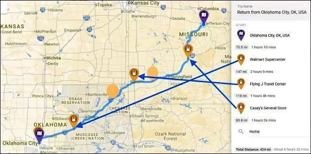 A map showing the EV charging stops on an EV road trip from Oklahoma City, OK to Jefferson City, MO.