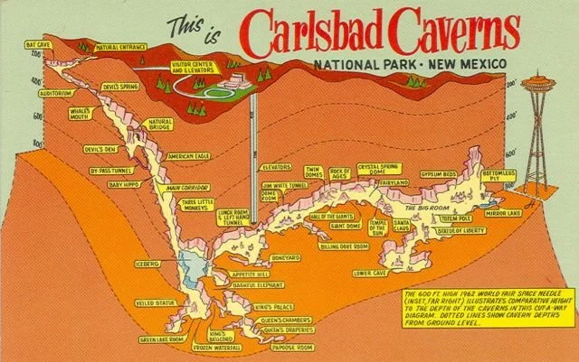 Vintage map illustration showing the underground layout of Carlsbad Caverns explored during our EV road trip
