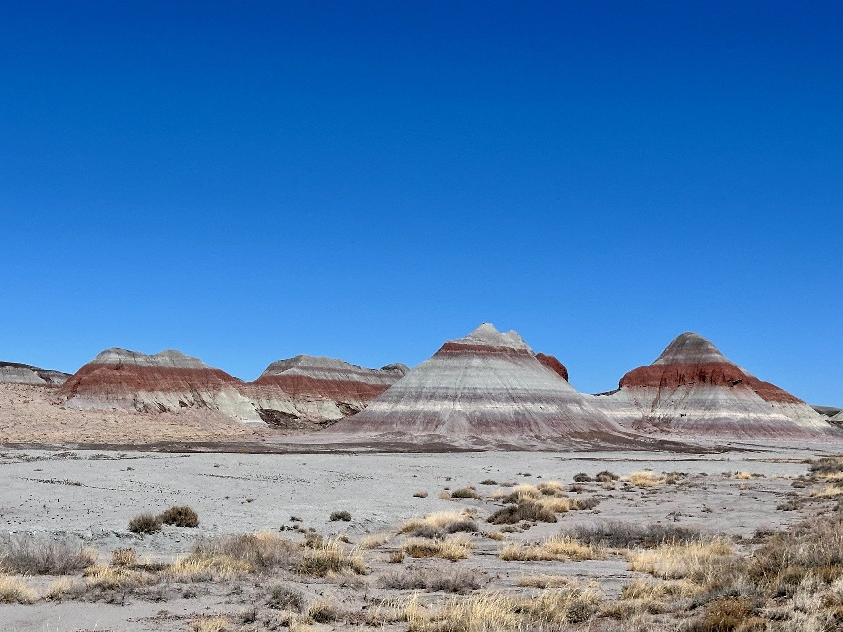The Tepees in Petrified Forest National Park, their blue‑gray and red‑striped hills rising from the desert like painted pyramids along the park’s scenic drive.