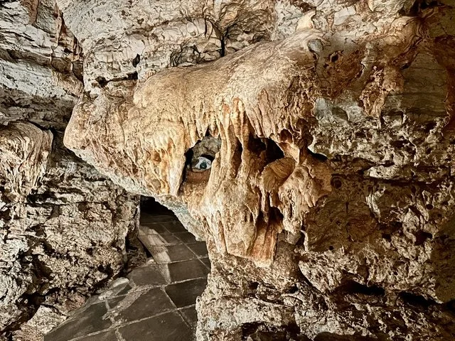 A cave formation known as "One Eye Willie" inside Stark Caverns resembles the face of a friendly cave monster, with mineral deposits creating the appearance of a single eye and facial features in the cave wall.