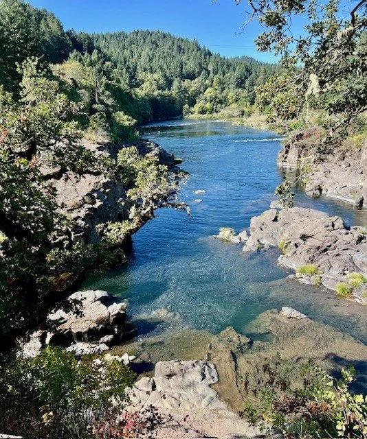View of the North Umpqua and Little River merging at the Colliding Rivers viewpoint in Glide, Oregon.
