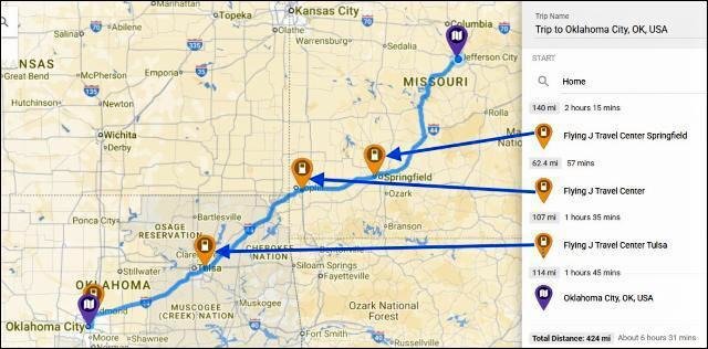 A map showing the EV charging stops on an EV road trip from Jefferson City, MO to Oklahoma City, OK.